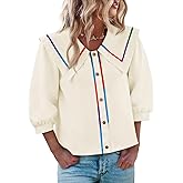 Cicy Bell Womens Button Down Shirts Trendy Casual 3/4 Lantern Sleeve Blouse Square Neck Collared Tops