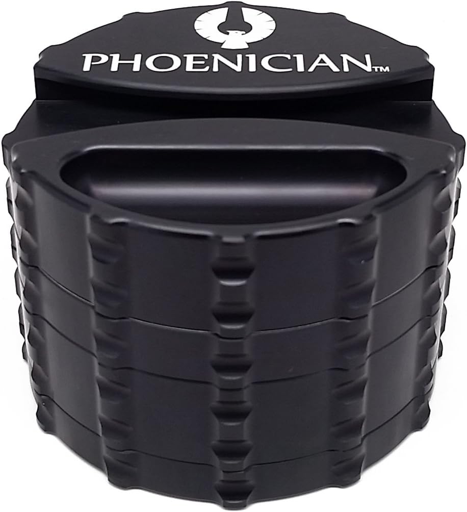 Phoenician Herbal Grinder - Large 4 Piece w/ Papers Holder - Black with 2 Rolling Paper Depot Doobtubes