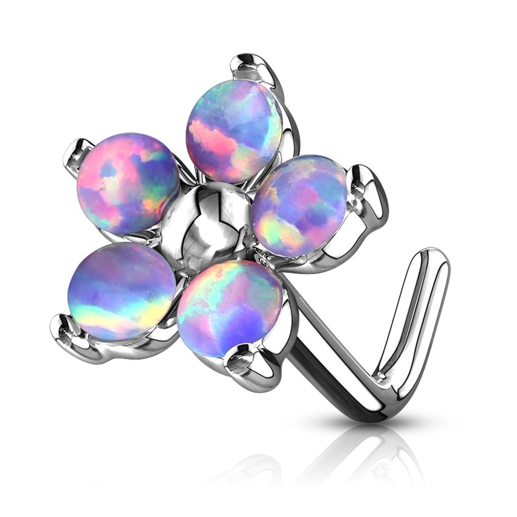 PiercedOff 316L Surgical Steel L Bend Nose Stud Flower with 5 Purple Synthetic Opal Petals - Thickness 20GA (0.8mm) / Length 6mm / Flower Size 6mm