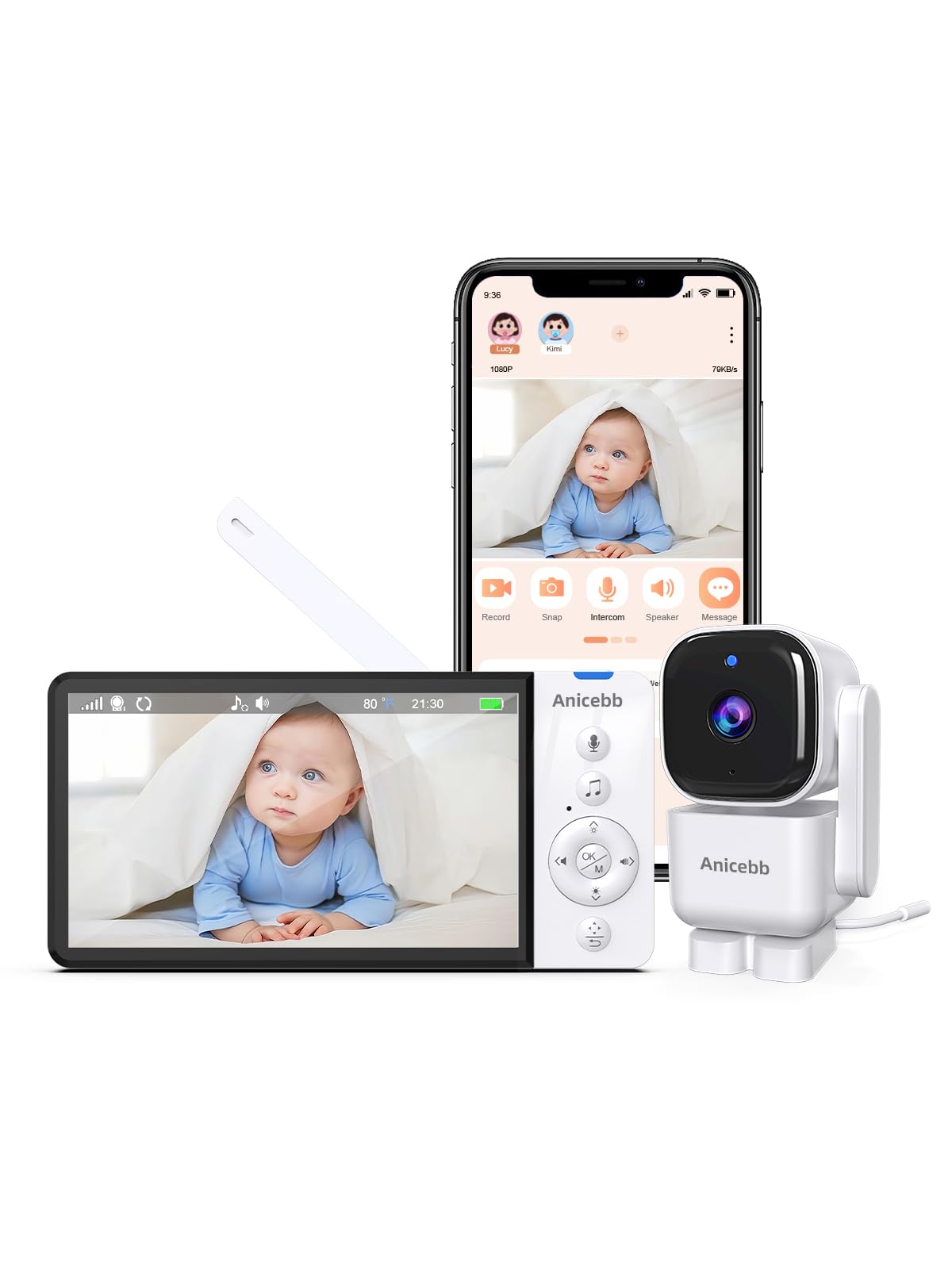 Photo 1 of Anicebb Smart Baby Monitor with App and 5" Display, Dual Mode (WiFi & No WiFi FHSS), 1080P HD Video, 360° Pan-Tilt-Zoom with Motion Tracking, 36H Battery, Cry & Temp Alerts, White Noise, Night Vision