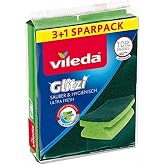 Vileda Glitzi Clean &amp; Hygienic Cleaning Sponge, Pack of 4 | Antimicrobial | Polyester Foam &amp; Robust Scouring Fleece | For Dishes, Pots &amp; Tiles | Green