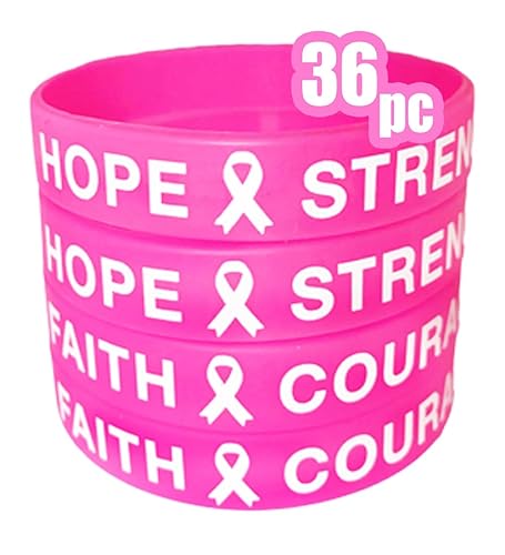 AISENO 36 Pcs Breast Cancer Awareness Pink Ribbon Bracelets Rubber