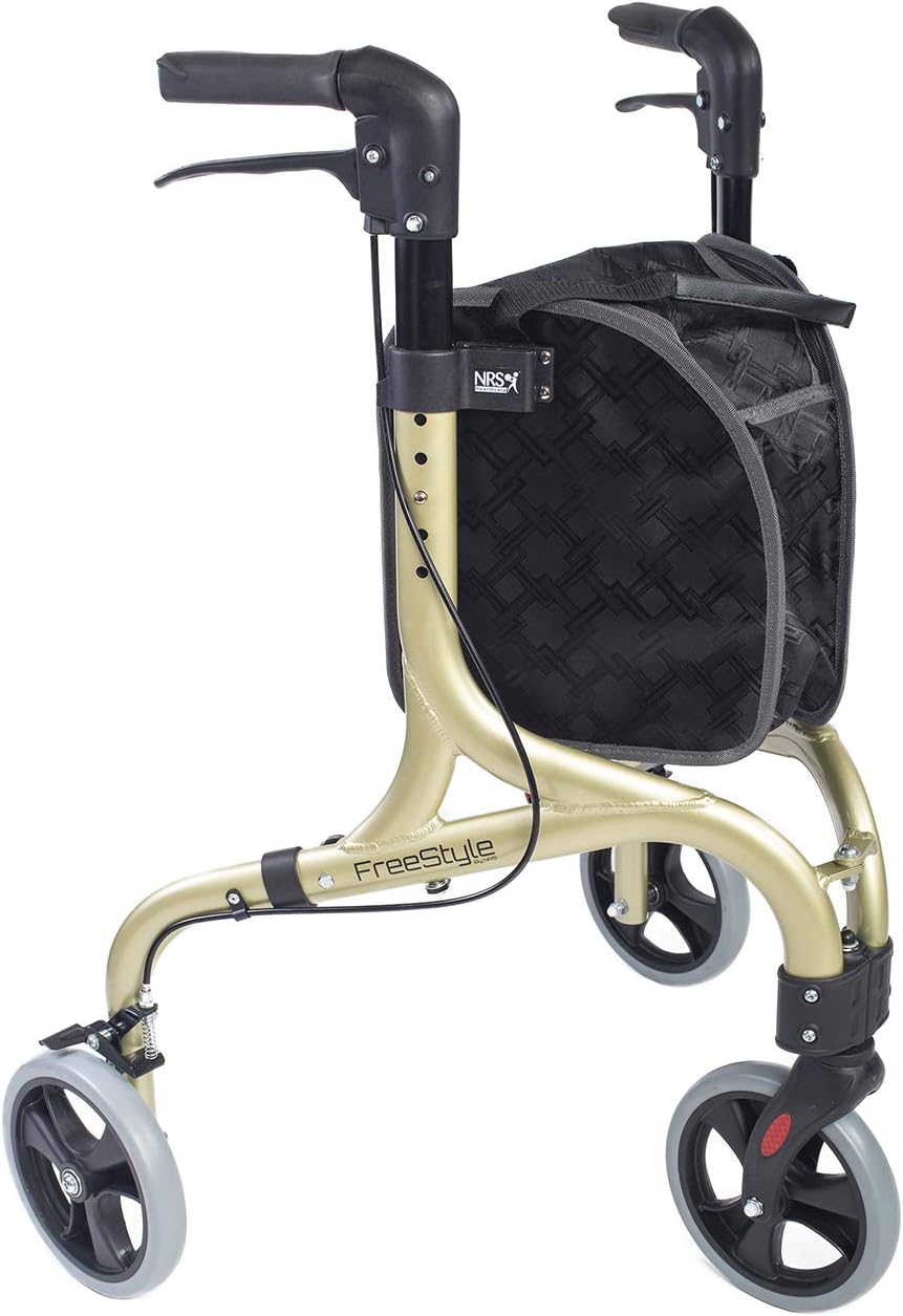 NRS Healthcare Freestyle 3 Wheel Rollator, Ultra Lightweight 5 kg (11lb) - Champagne Gold, P23049, One size, height adjustable