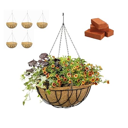 BIO BLOOMS AGRO INDIA PRIVATE LIMITED BIG COIR HANGING POT PLANTERS 5 sets WITH FREE COIR PITH (coco peat) 14 inches pot. metal basket with metal chain coir pots, ECO FRIENDLY COIR FIBRE set of 5 pots WITH COIR PITH BLOCKS (NO plants), Bio_41c