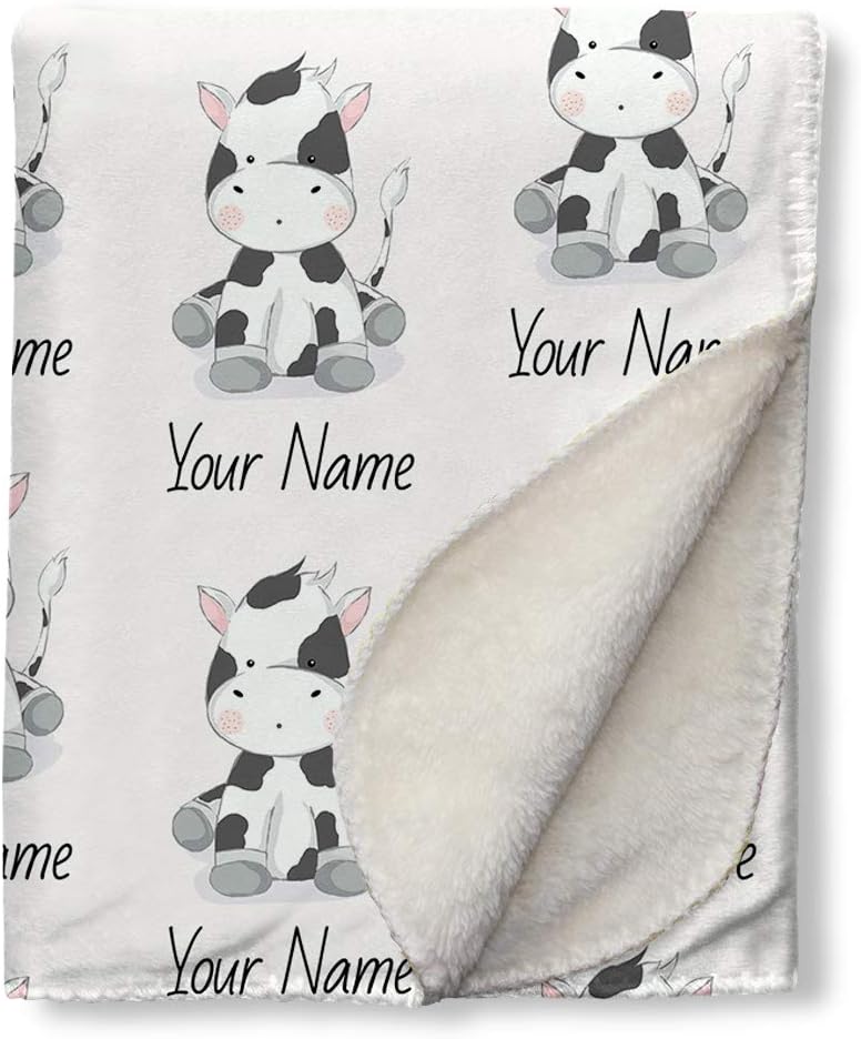 Custom Baby Blanket with Name Print Cow Pattern Sherpa