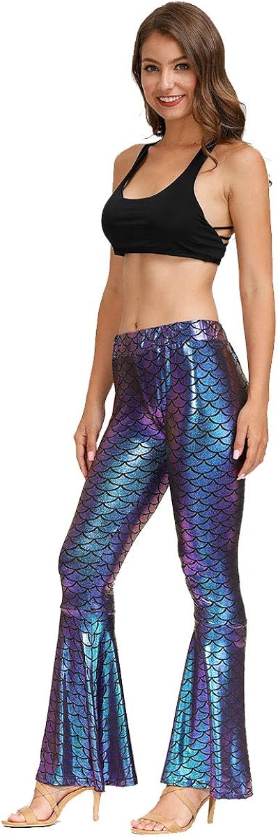Spadehill Halloween Women's Mermaid Flared Shiny Legging Pants: Clothing
