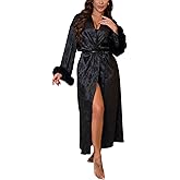 silkola Bridal Satin Long Robe with Faux Fur Trim, Floral Jacquard, Floor-Length Getting Ready Wedding Robe for Women
