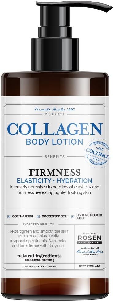 Rosen Apothecary Firming Collagen Body Lotion with Natural Coconut Oil for Firmness, Elasticity, Hydration, Revealing Tighter Looking Skin, for all Skin Types 32oz / 960ml