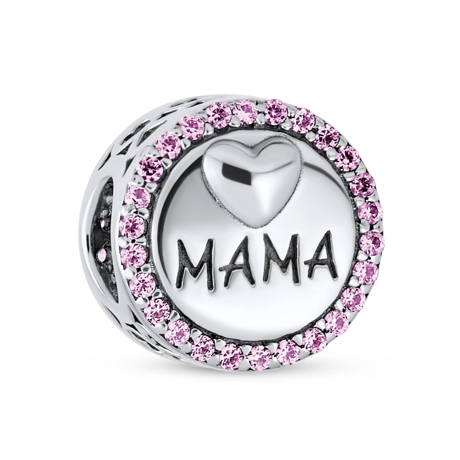Round Circle Pink Crystal Accent Mother Heart Word MAMA Charm Bead For Women Wife .925 Sterling Silver Fits European Bracelet