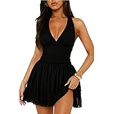 Nsbonu Womens Halter Mesh Short Dress V-Neck Ruffle Sleeveless Club Party HOCO Lace Mini Dresses