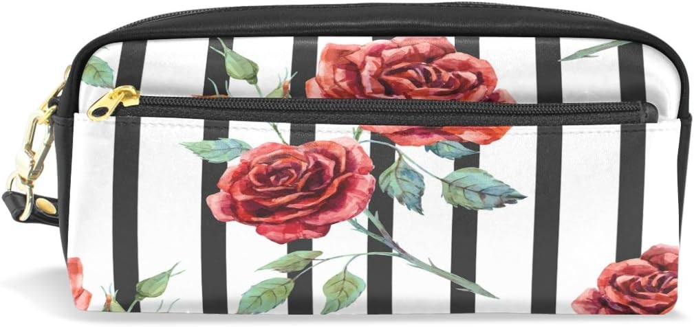 ISAOA Large Capacity Pencil Case and PU Leather Pen Bag Vintage Rose Comestic Makeup Bag for Girls and Boys