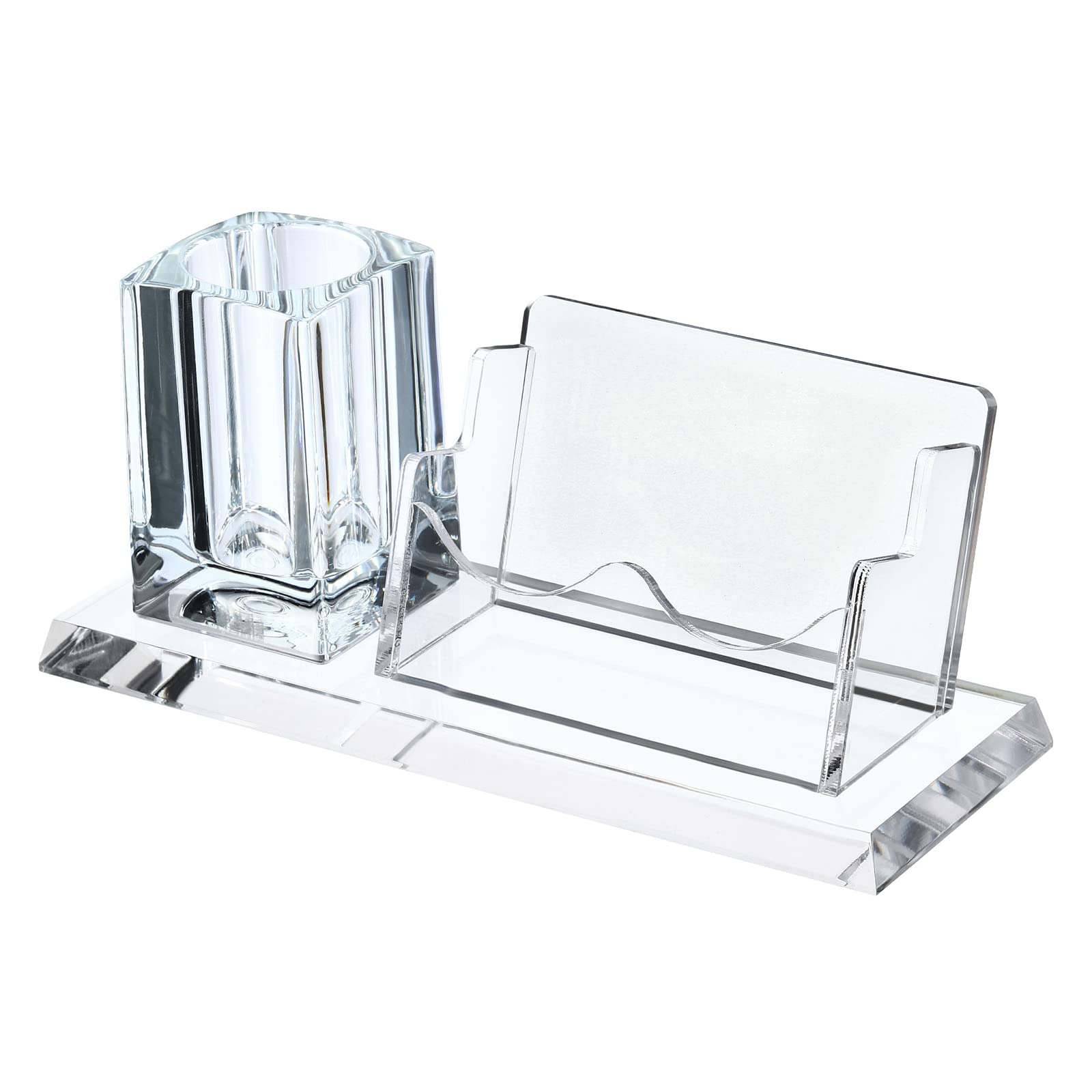YOKIVE Acrylic Business Card Holders, Business Card Display with Pen Pot, Cards Holders Organizer, Great for Office, Desktop (Clear, 7.5 X2.8-Inch)