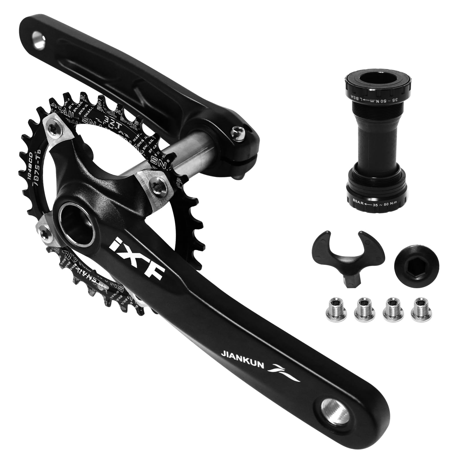 Photo 1 of ZTZ 170mm Mountain Bike Crankset - Hollow Integrated MTB Crankset with 104 BCD 32/34/36/38T Narrow Wide Single Speed Chainring - Durable Aluminum Alloy Bike Crank Set with Bottom Bracket ?32T?