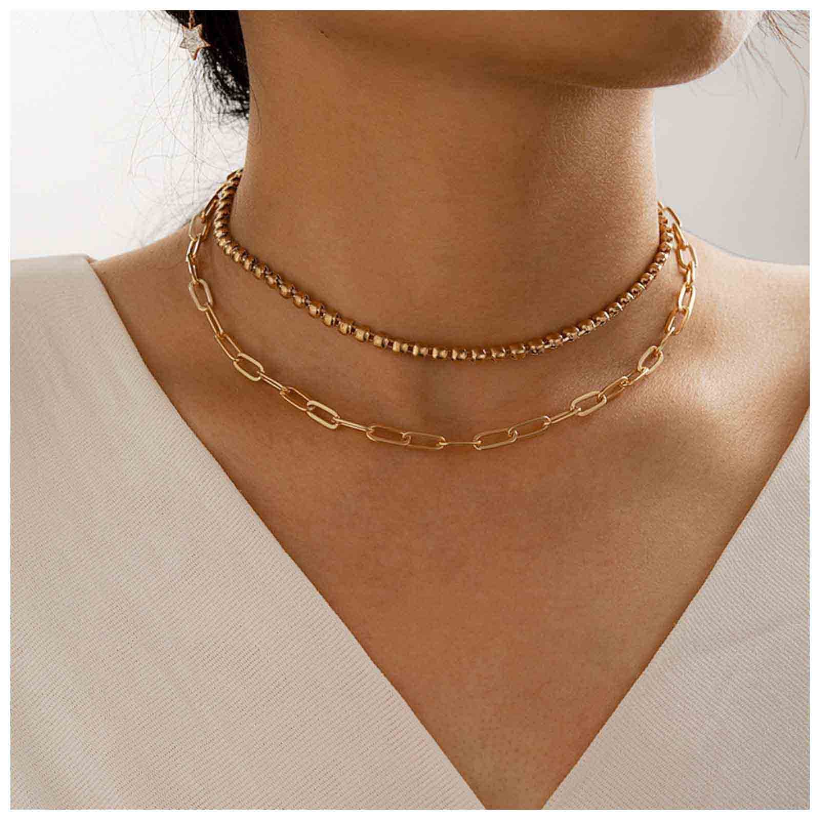 Cimenexe Boho Ball Bead Chain Choker Necklace Punk Paperclip Necklace Choker Short Bead Collarbone Chain Necklace Gold Layered Necklace Chain Jewelry for Women and Girls