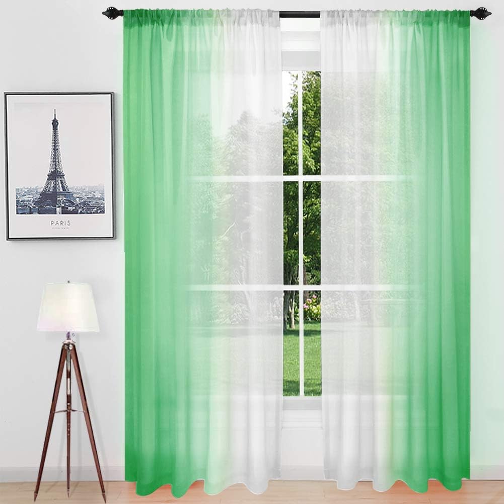 Green Ombre Sheer Curtains 84 Inch Long Faux Linen