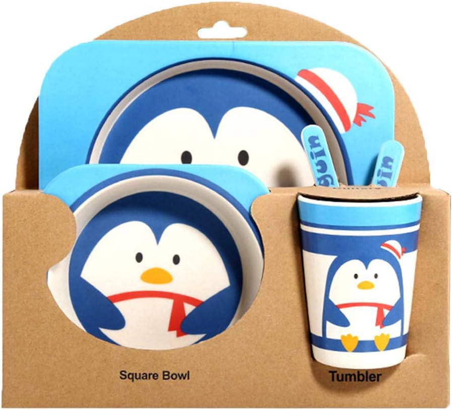 Children's 5 Pcs Bamboo Dinner Set Shopwithgreen Kids Board Food Plate Bowl Cup Spoon Fork Set Dishware Cartoon Tableware Eco Friendly, BPA Free and Dishwasher Safe Kids Healthy Mealtime (Penguin)