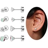 Flat Back Earrings Small Screw Back Earrings for Women, Titanium Nap Cubic Zirconia Earrings Stud Set, Helix Cartilage Tragus Piercing Jewelry