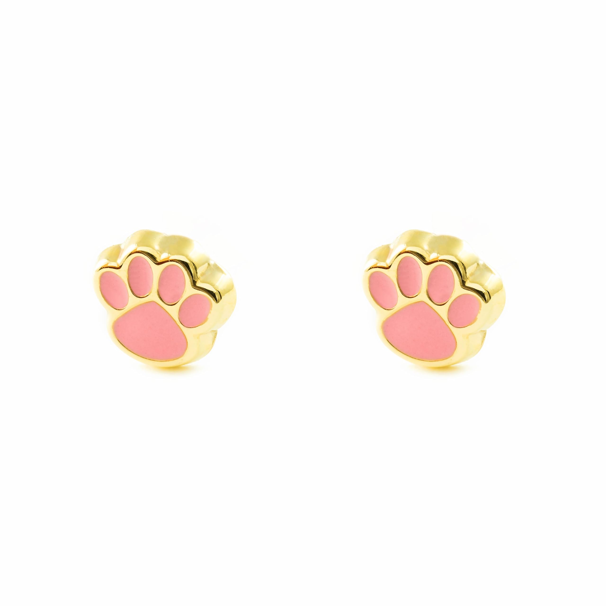 Mondepetit - 9ct Yellow Gold Light Pink Enamel Paw Children's Girls Earrings shine