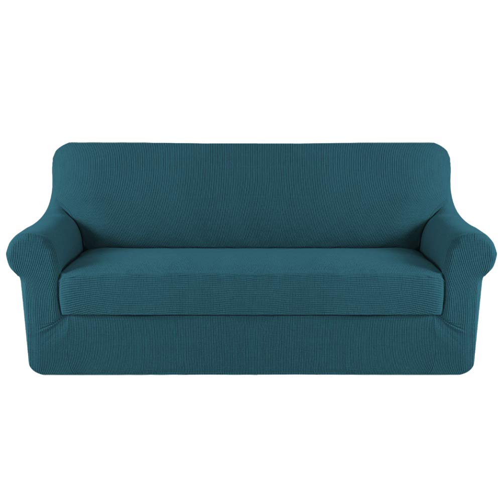 H.VERSAILTEX Sofa Cover 2 Piece Stretch Couch Covers for 3 Cushion Couch Sofa Slipcover Protector Cover with Individual Seat Cushion Cover Suit for T Cushion/Box Cushion (Sofa 72"-88", Deep Teal)OEKO-TEX STANDARD 100