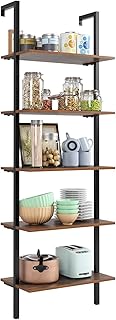 Homfa Standregal Leiterregal Wandregal mit 5 Ebenen aus Metall Holz Vintage Industrial Schwarz 184.5x60x35cm