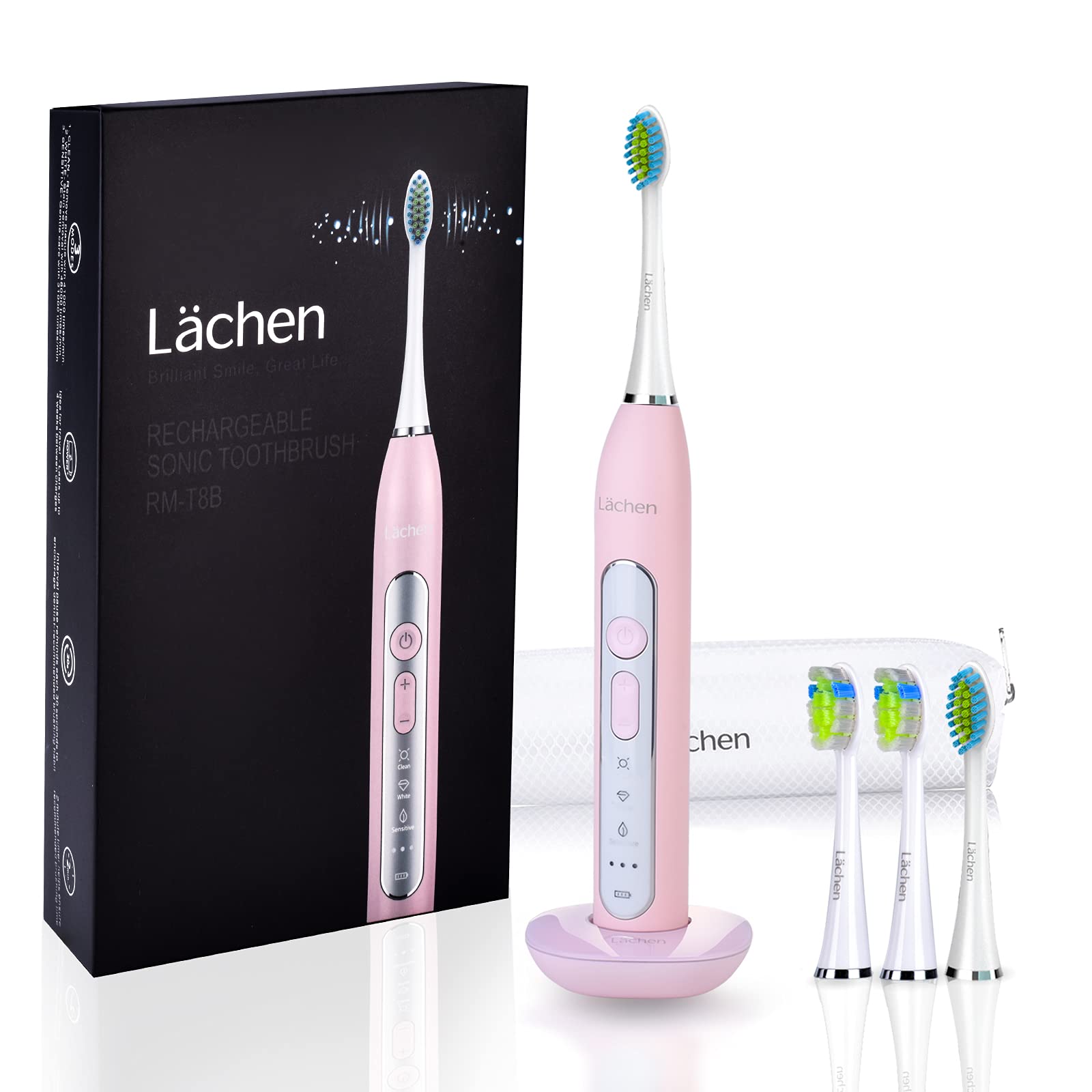 Lächen Sonic Electric Toothbrush Sonic Toothbrush with 4 Toothbrush Heads and Timer, 3 Modes & 3 Vibration Levels with Travel Bag, Pink