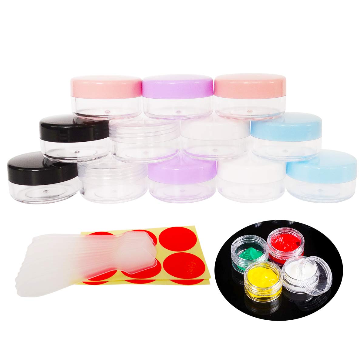 Wopanxye 12 pack 10ml Empty Sample Jars, 10 Gram Refillable Cosmetic Container, 10g Small Travel Size Round Pot Screw Cap Lid for Makeup Eyeshadow Cream Bath Lotions Lip Gloss Balms (Mixed Color)