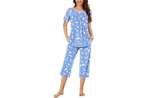 Bestbee Womens Pajama Set 2 Piece Summer Sleepwear Set Henley Neck Short Sleeve Capri Pant With Pockets Ladies Pjs