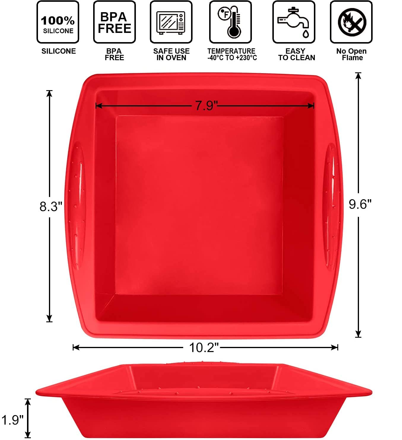 Walfos Silicone Square Cake Pan, 8 inch, Red, BPA Free, Non-Stick, Perfect for Brownies, Cakes, Bread, Pies, and Lasagna, Set of 2