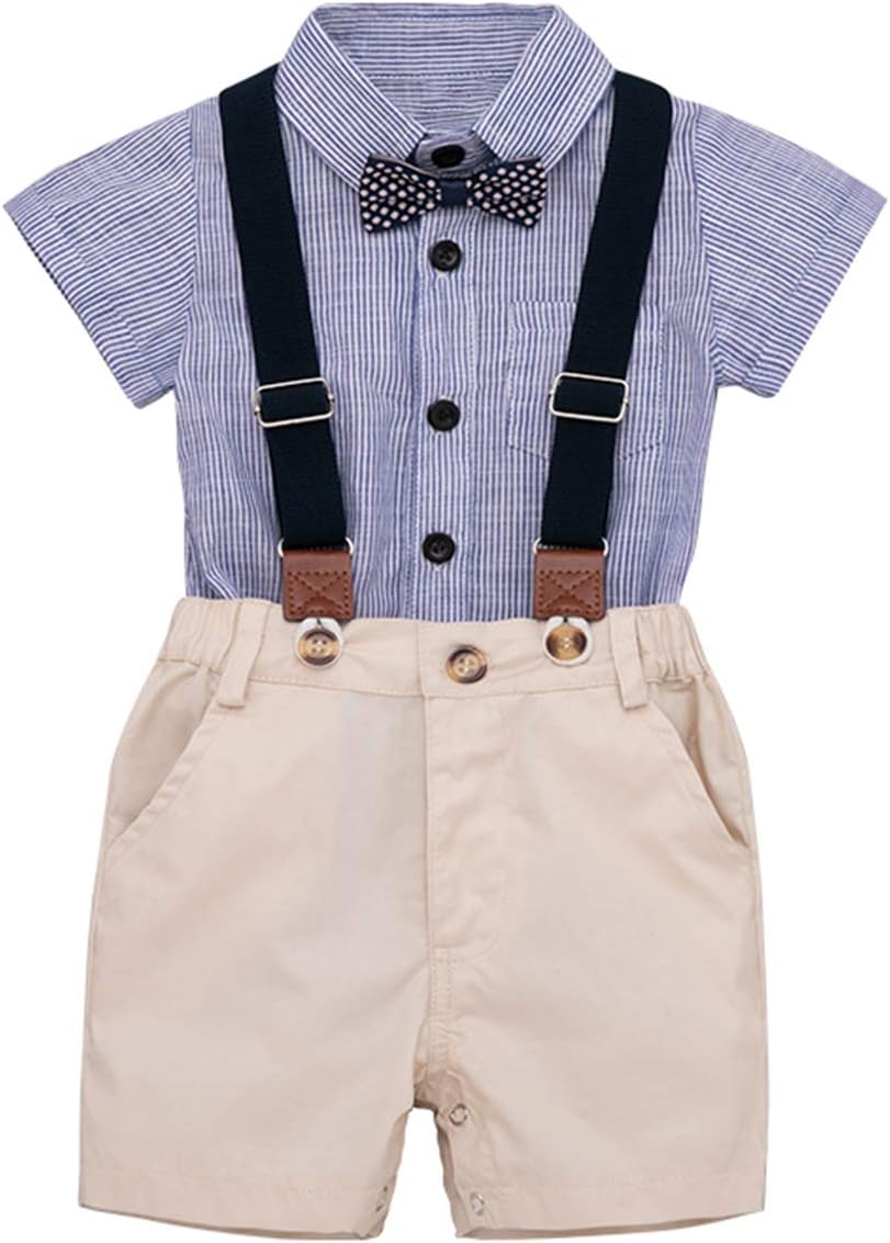 DaMohony Newborn Baby Boys Clothing Set Bow Tie Romper + Suspender Shorts 2Pcs Boys Gentleman Style Clothes for 0-24 Months