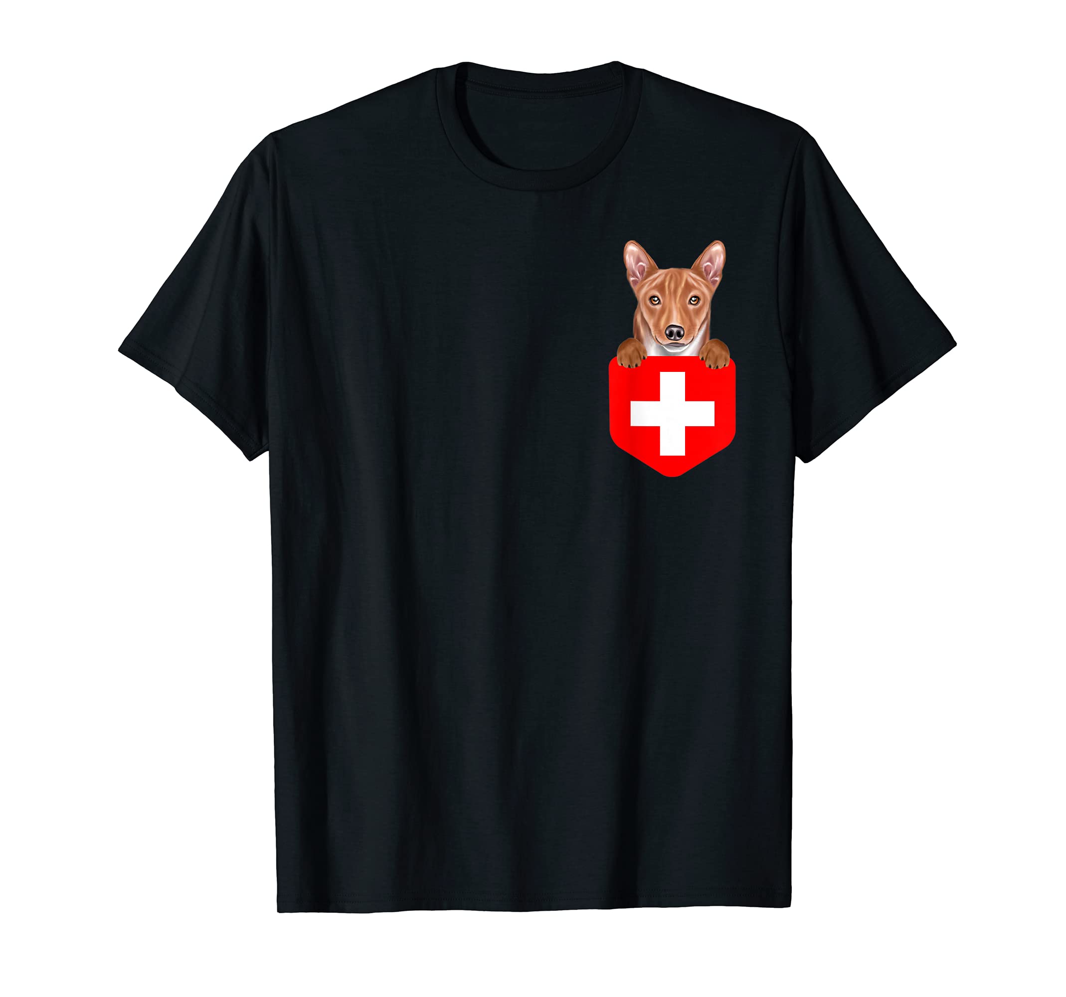 Switzerland Flag Basenji Dog In Pocket T-Shirt