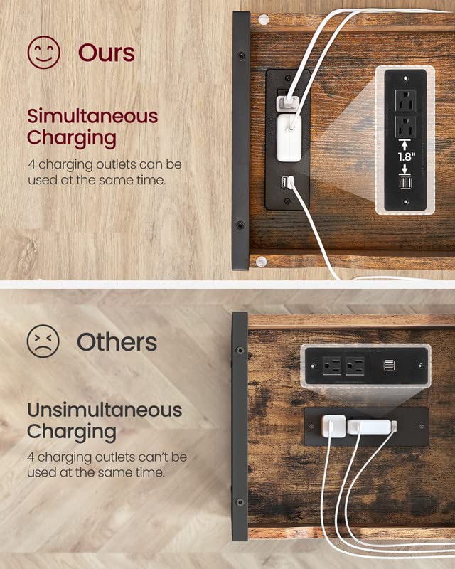 VASAGLE Side Table with Storage, End Table with USB Ports and Outlets, Nightstand with Charging Station, Fabric Bags, for Living Room, Bedroom, Rustic Brown and Black ULET310B01V1