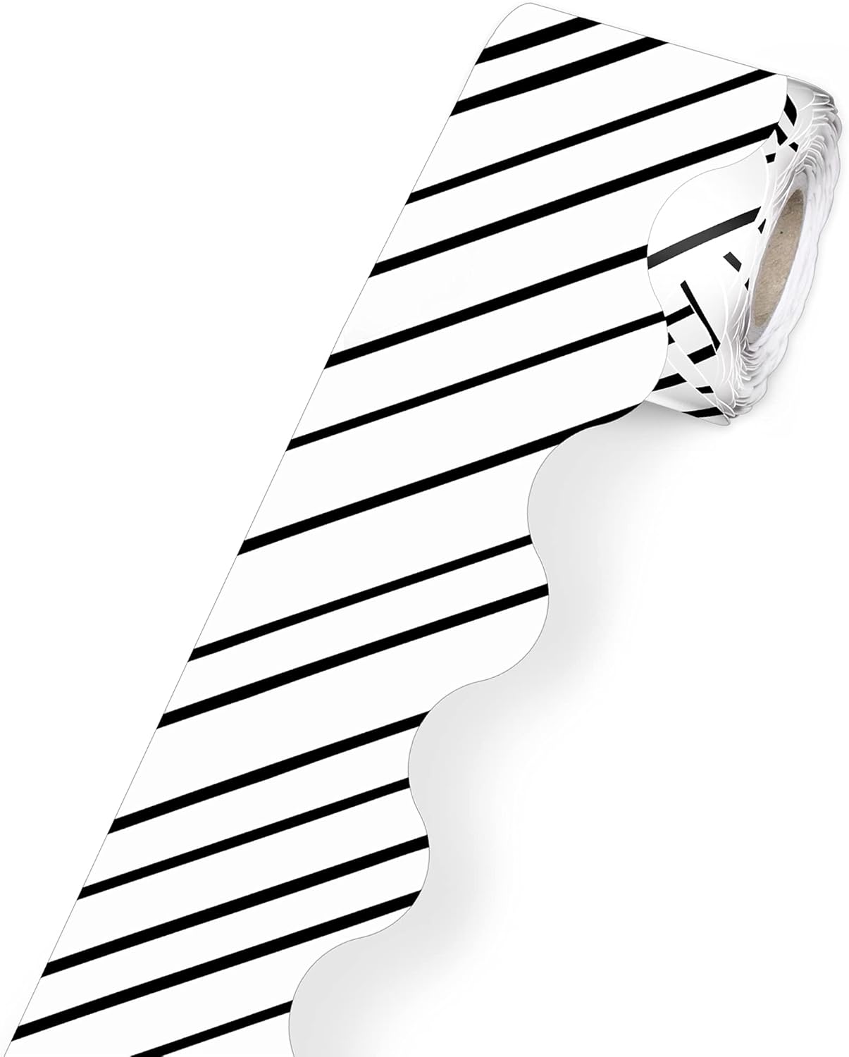 Carson Dellosa Kind Vibes Striped Rolled Scalloped Border—Black and White Stripe Border for Bulletin Boards, Desks, Lockers, Homeschool or Classroom Decor (36 ft)