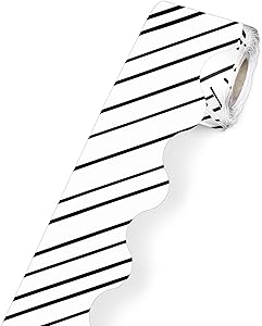 Carson Dellosa Kind Vibes Striped Rolled Scalloped Border—Black and White Stripe Border for Bulletin Boards, Desks, Lockers, Homeschool or Classroom Decor (36 ft)