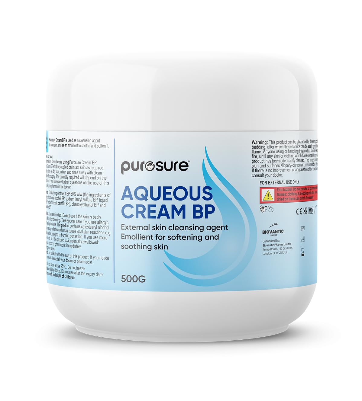 Purosure Aqueous Cream | Emollient for Softening and Soothing Skin | Relieves Symptoms of Dry Skin 500g (500g, 1, gram)