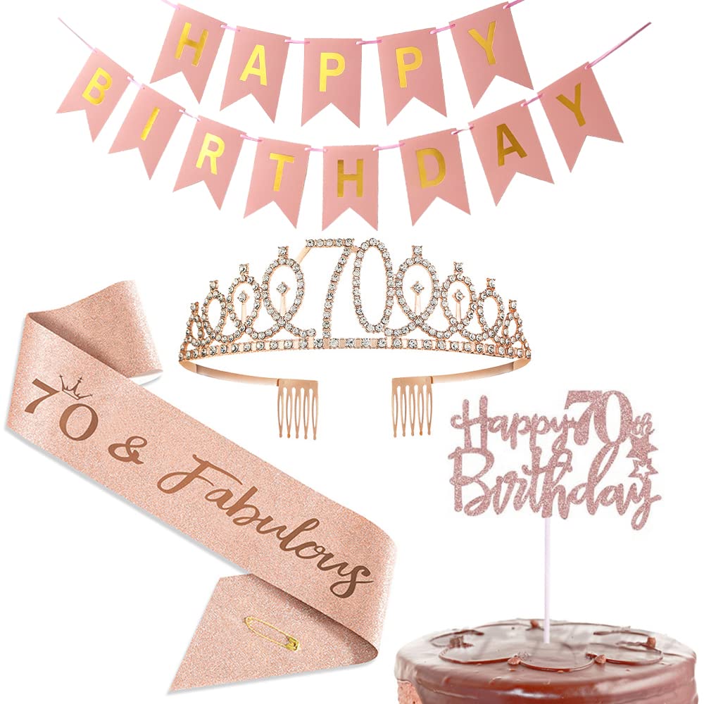 Happy 70th Birthday Decorations Party Favor Supplies for Women,Rose Gold Happy Birthday Banner,Sash,Tiara Crown,Cake Topper,for Women 70th Party Decoration