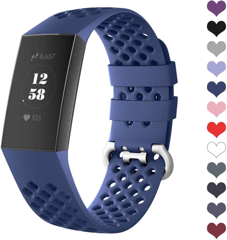 DEKER Sport Bands Compatible for Fitbit Charge 3 Bands Charge 3 SE Fitness Tracker Women Men, Breathable Holes Silicone Smart Watch Strap Small Large Accessories Wristbands (05-Navy, Small)