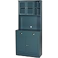 MUPATER 72'' Kitchen Pantry Cabinet Storage Hutch with Microwave Stand, Freestanding Pantry Buffet Cabinet with Adjustable Shelves, Cupboard and Drawer for Home, Blue