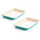 GreenLife 13" x 9" Quarter Sheet Baking Pans, 2 Piece Bakeware Set, PFAS-Free Ceramic Nonstick Rectangular Cookie Trays, Oven Safe to 450&deg;F, Even Heating, Easy Clean Ovenware, Turquoise