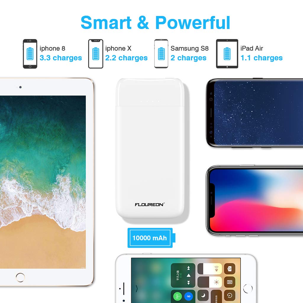 FLOUREON 10000mAh Portable Power Bank External Battery Pack Type C Phone Charger (USB Cable Included) with QC 3.0 High Speed Output for Smart Phones, Tablet, and More(White)