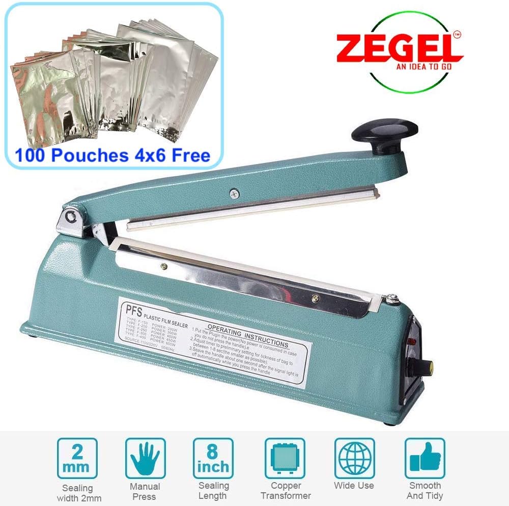 Zegel 8inch Impulse Bag Sealer Adjustable Timer Heat Seal Closer Poly Bag Sealing Machine (8inch) (Colour May Vary)