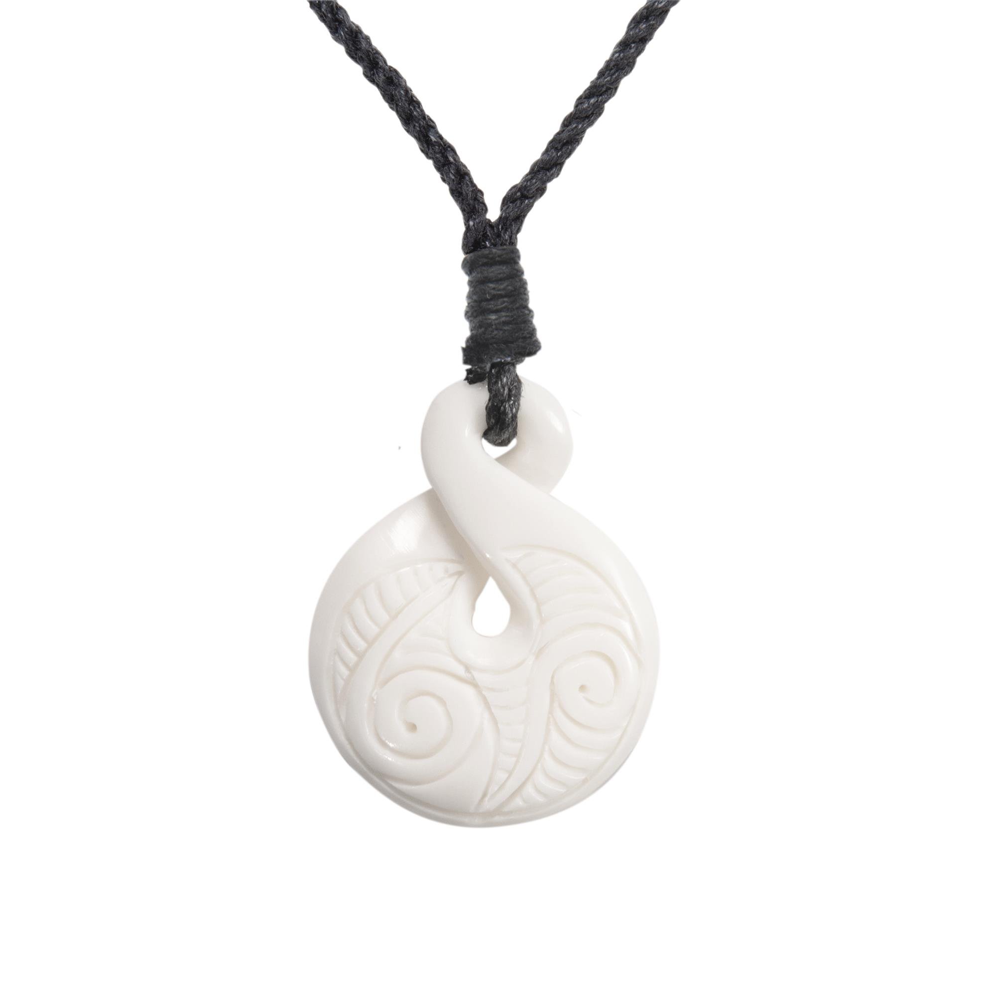 81stgeneration Single Twist Pikorua Carved Bone Pendant with Koru Engravings - Men's Surfer Accessories - Handmade Tribal Necklaces - Maori Style Natural Jewellery - Spiritual Gifts for Women