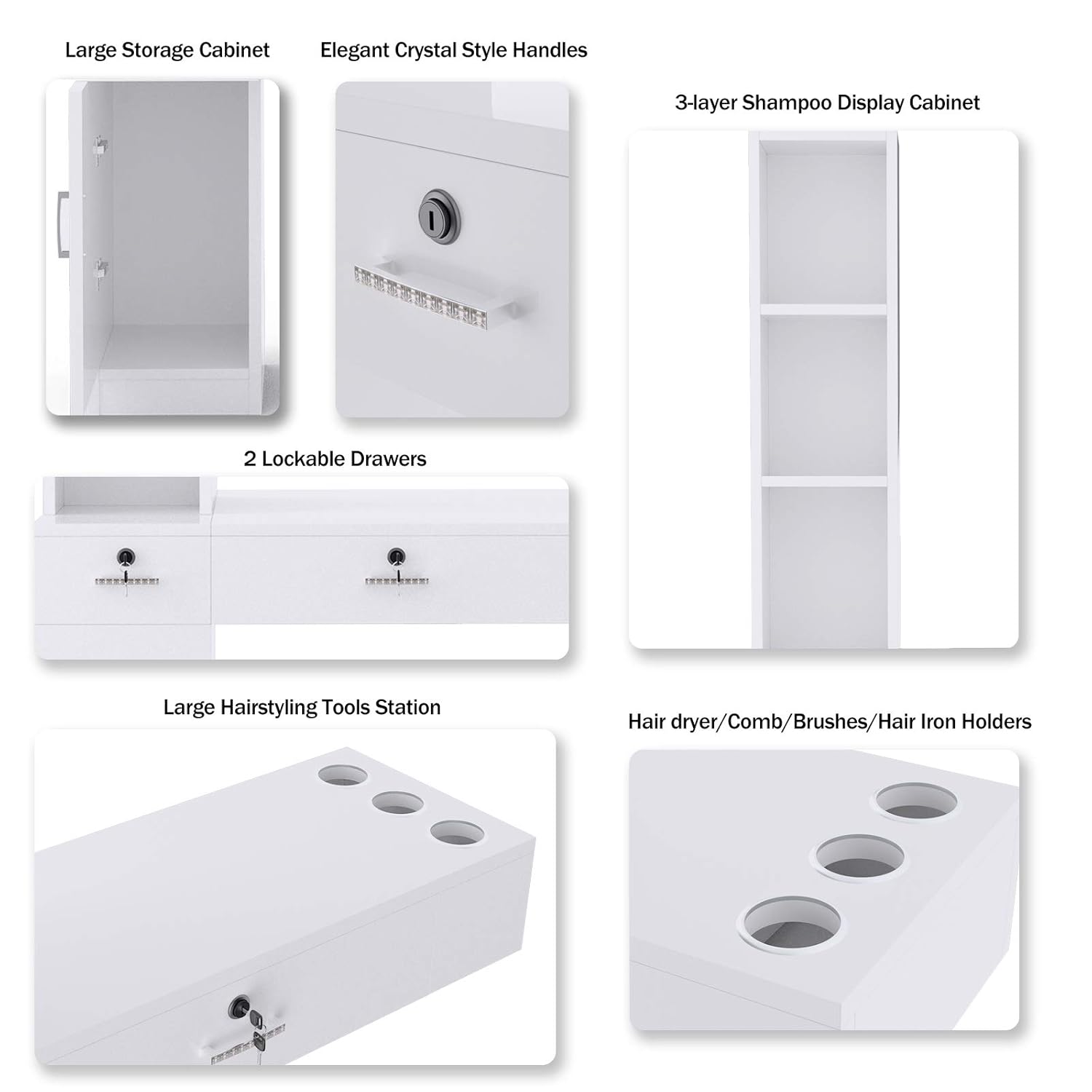 Nurxiovo Barber Station Makeup Hairstyling Tools Organizer Wall Mount Styling Beauty Spa Equipment Utility Set with 3 Appliance Holders, 2 Lockable Drawers, 1 Cabinet, 3 Storage Shelves (Left Shelf): Beauty