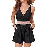 Smismivo Women Swim Rompers Tummy Control One Piece Swimsuit Modest Full Coverage Bathing Suit Swimwear with Shorts Pockets