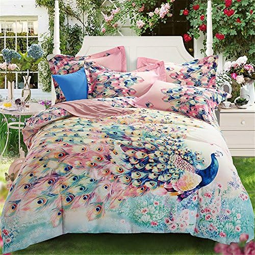 Dodou Beautiful peacock bedding girls Duvet Cover Set Simple fashion bedding set 100% Cotton Bedding Set 4pcs (Full)