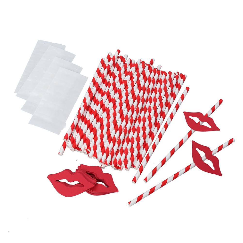 Beaupretty10PCS Red Stripes Drinking Straws Red Lip Paper Straws Long Paper Straws Valentine's Day Party Supplies Props Cocktail
