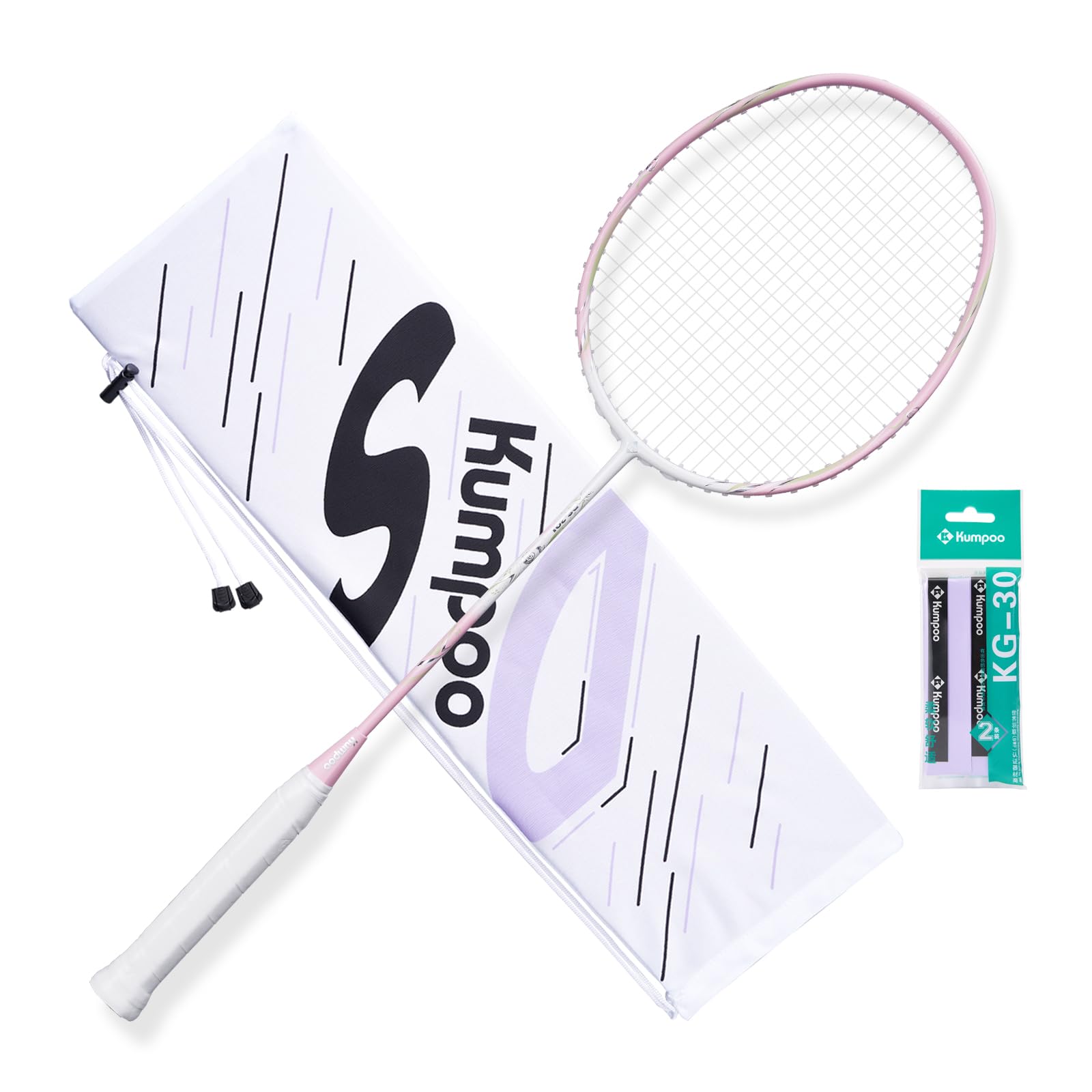 KUMPOO Professional Carbon Fiber Badminton Racket Set with Grip & Bag, Pink, Lightweight for Training & Outdoor Games