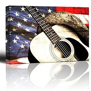 Cowboy hat and Guitar on Patriotic Flag Background...