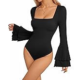 MANGOPOP Mock Neck Puff Sleeve Bodysuit Turtleneck Loose Lantern Long Sleeve Body Suit for Women for Going Out