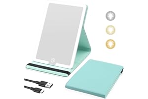 SUUPVAOR Travel Makeup Mirror with Lights, Lighted Travel Mirror with PU Leather Cover, 1500mAh Battery 3-Color Light Modes Dimming LED Light Up Vanity Cosmetic Mirror of 8X 5.5inch for Travel, Home, Office