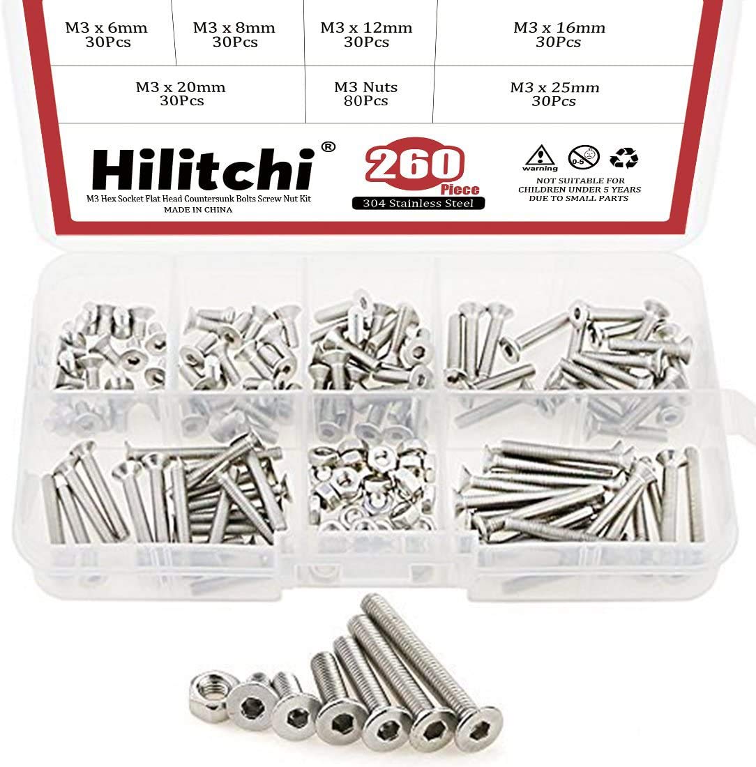 Hilitchi 260-Piece Metric M3 Hex Socket Flat Head Countersunk Bolts Screw Nut Assortment Kit - 304 Stainless Steel
